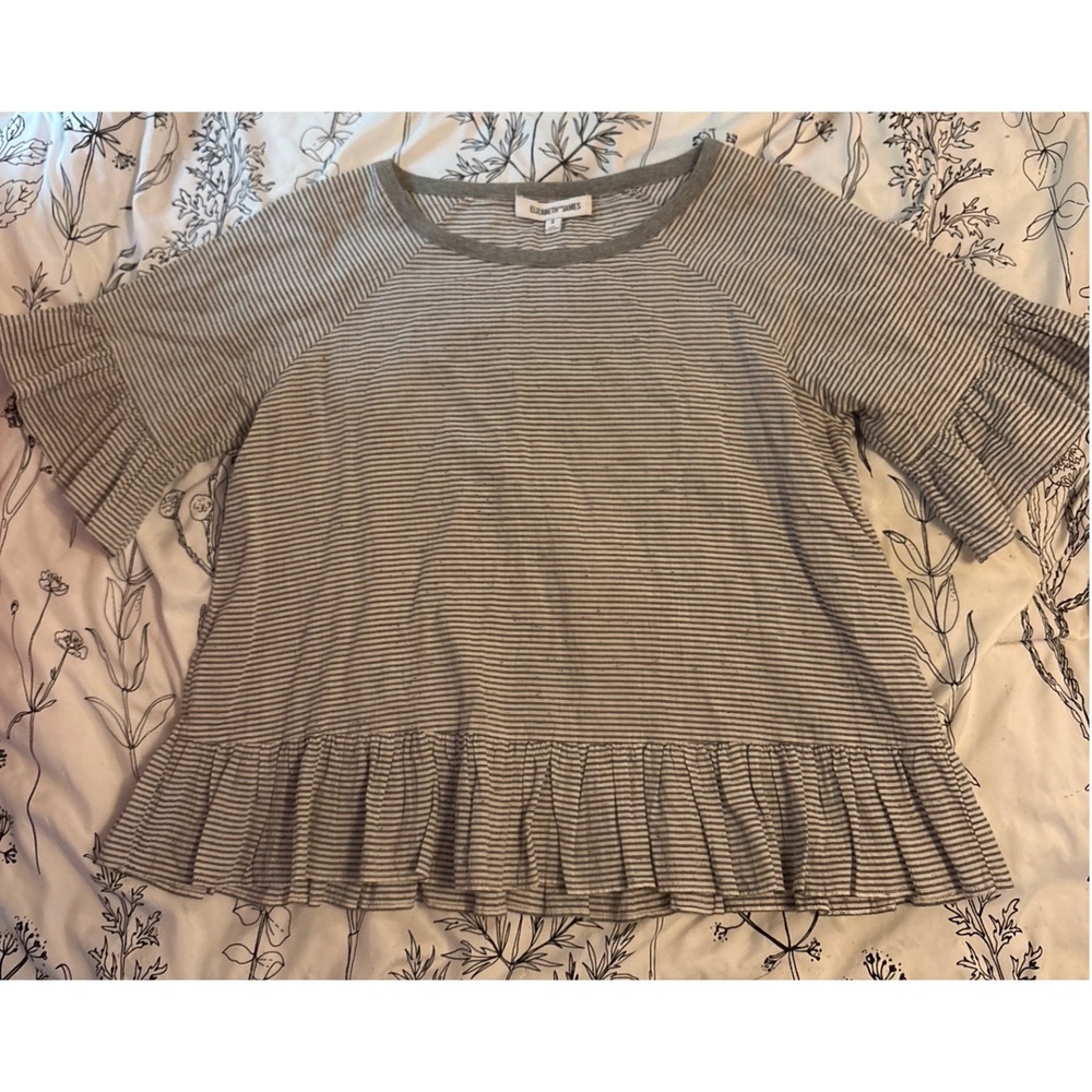 Elizabeth and James Gray Striped Ruffle‎ Hem Top Flounce Bell Sleeve, Small